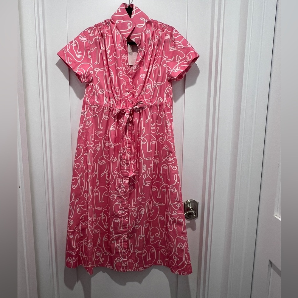 Holly Shae Bria Pink face design Short-Sleeve cinch Tie-Waist Midi Dress